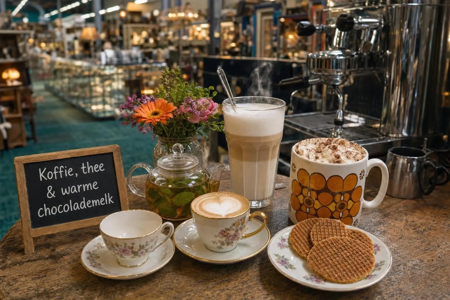 Koffie in vintage kopjes bij de ingang