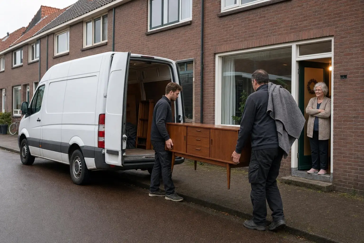 Een dressoir wordt opgehaald bij iemand thuis