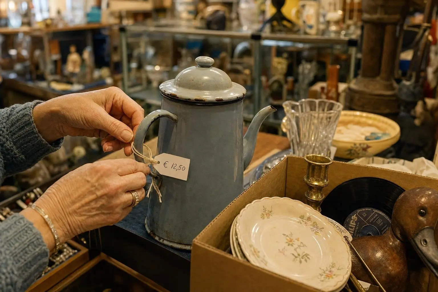 Een vrijwilliger hangt een prijskaartje aan een theepot