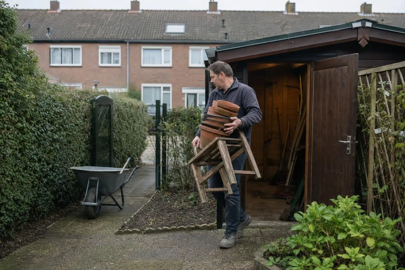 Een tuinschuur wordt leeggeruimd